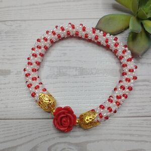 New Hand Crafted Spiral Bead Crochet Red and White Beaded Bracelet